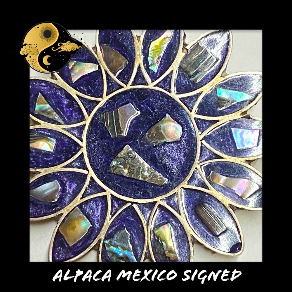 🔴 Vintage Abalone Lapis Alpaca Silver Mexico Brooch